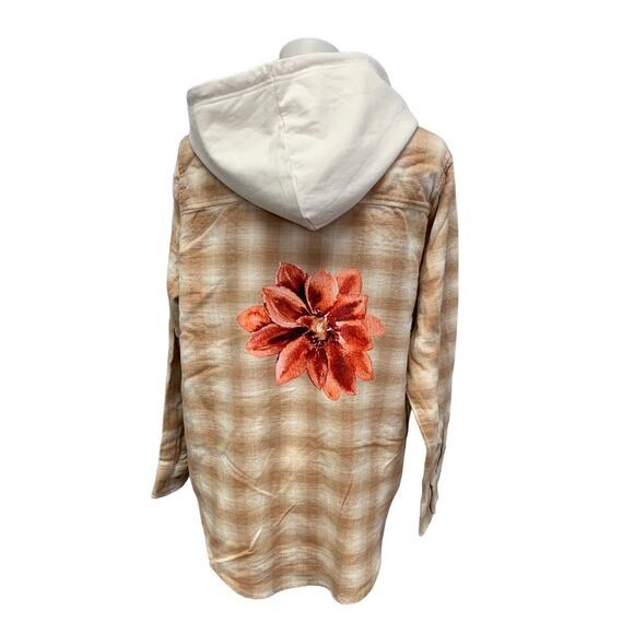 New Hand Printed Womens XL Christmas Poinsettia Flower Plaid Flannel Hoodie - Picture 1 of 5